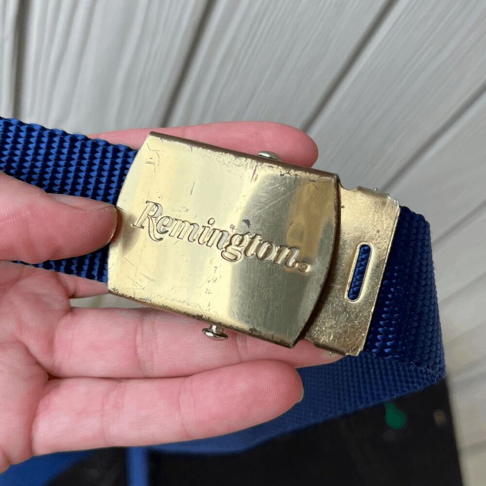 Vintage 90s Remington Brass Buckle Nylon Belt Navy Blue Adjustable 46" Max